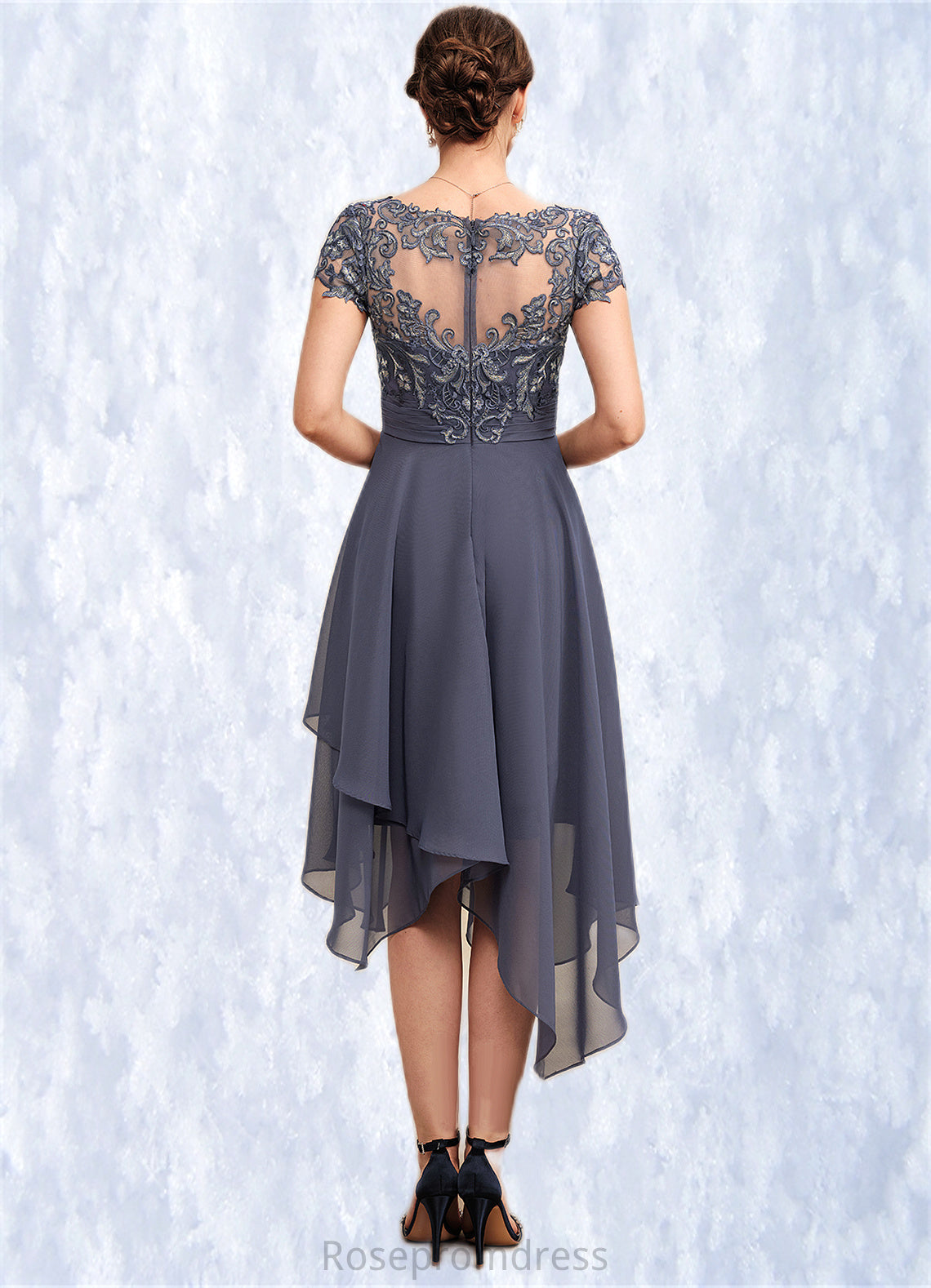 Karla A-Line V-neck Asymmetrical Chiffon Lace Mother of the Bride Dress With Ruffle SRS126P0014596