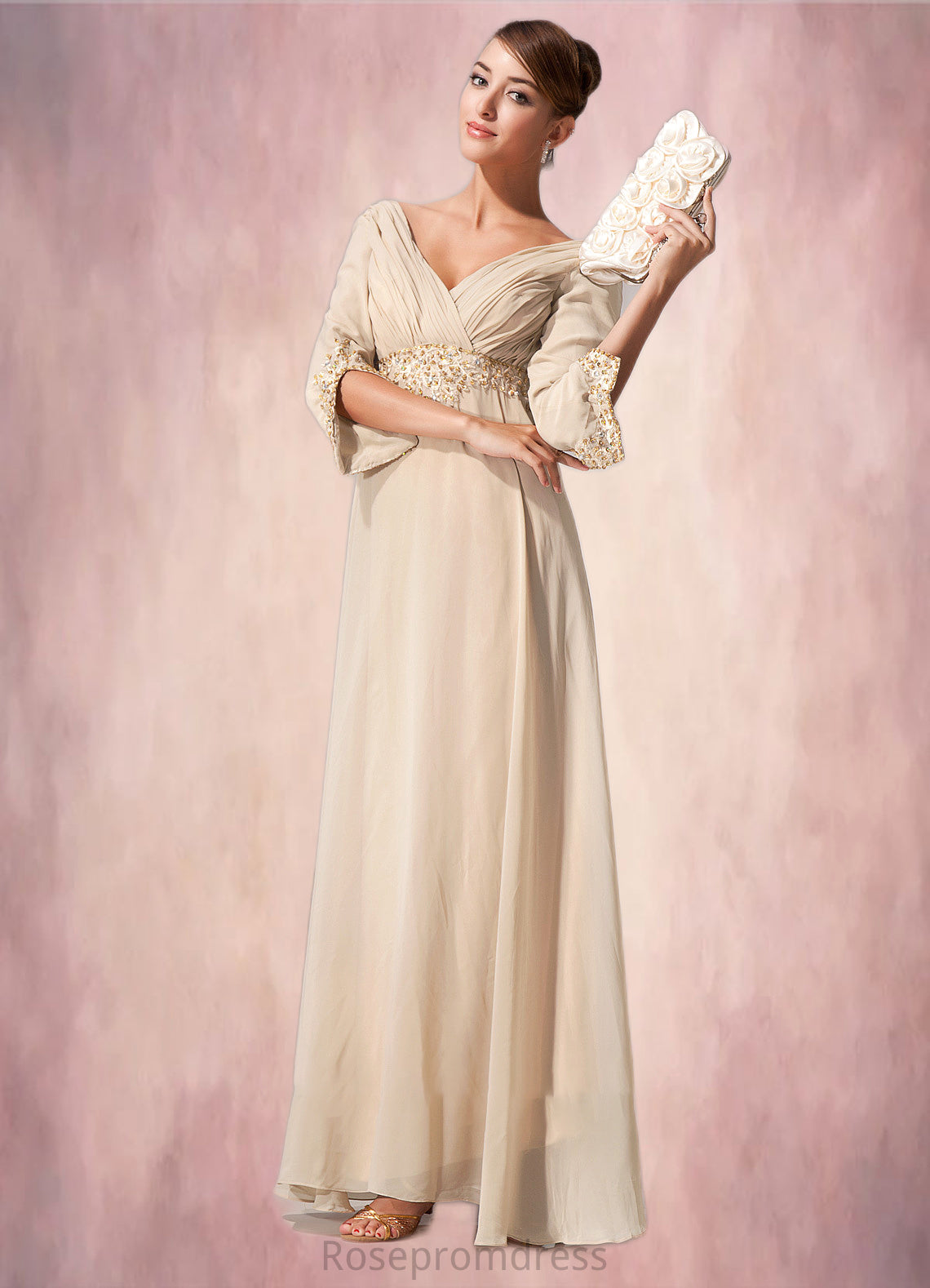 Hedda Empire V-neck Floor-Length Chiffon Mother of the Bride Dress With Ruffle Beading SRS126P0014597