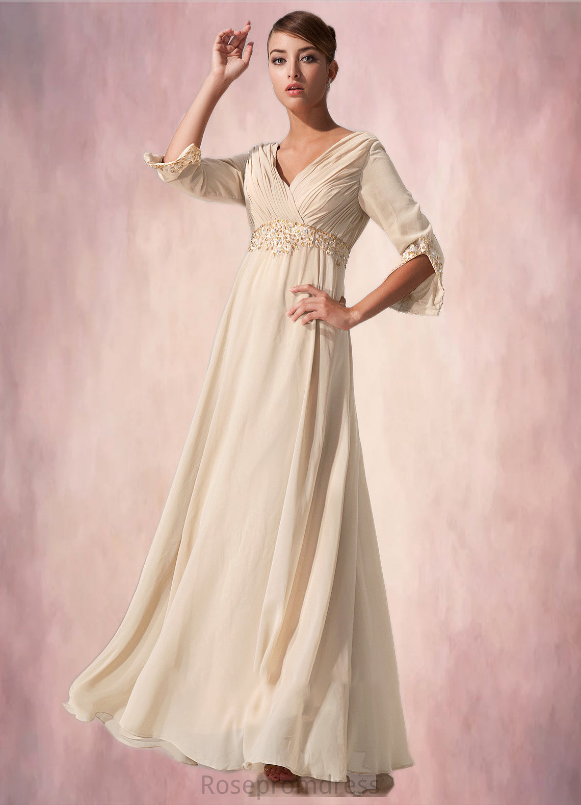 Hedda Empire V-neck Floor-Length Chiffon Mother of the Bride Dress With Ruffle Beading SRS126P0014597