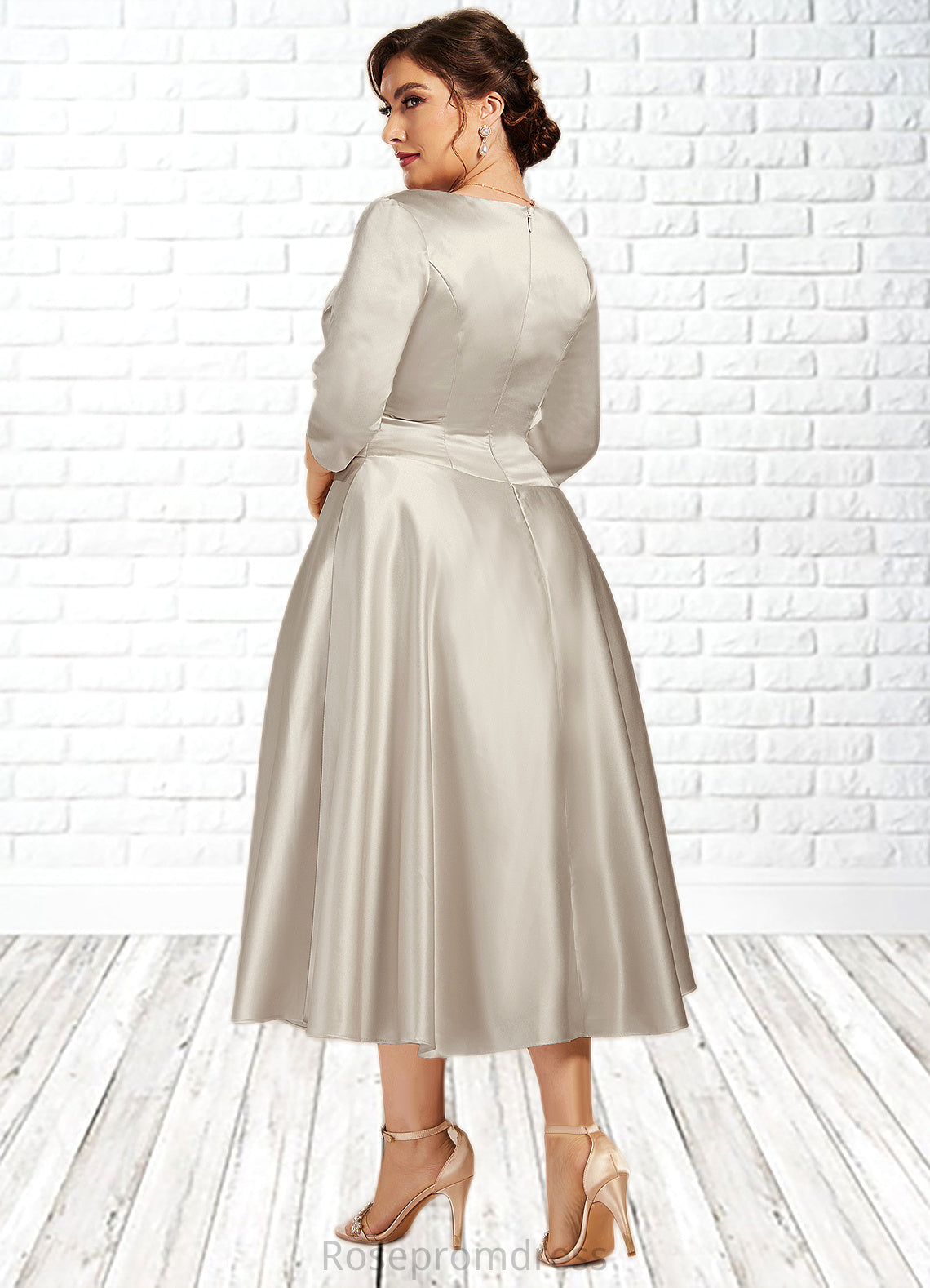 Deja A-Line V-neck Tea-Length Satin Mother of the Bride Dress With Ruffle SRS126P0014598