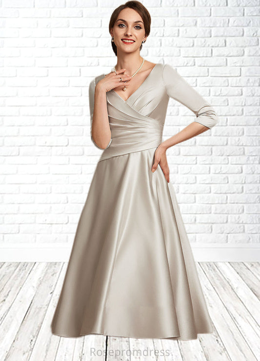 Deja A-Line V-neck Tea-Length Satin Mother of the Bride Dress With Ruffle SRS126P0014598