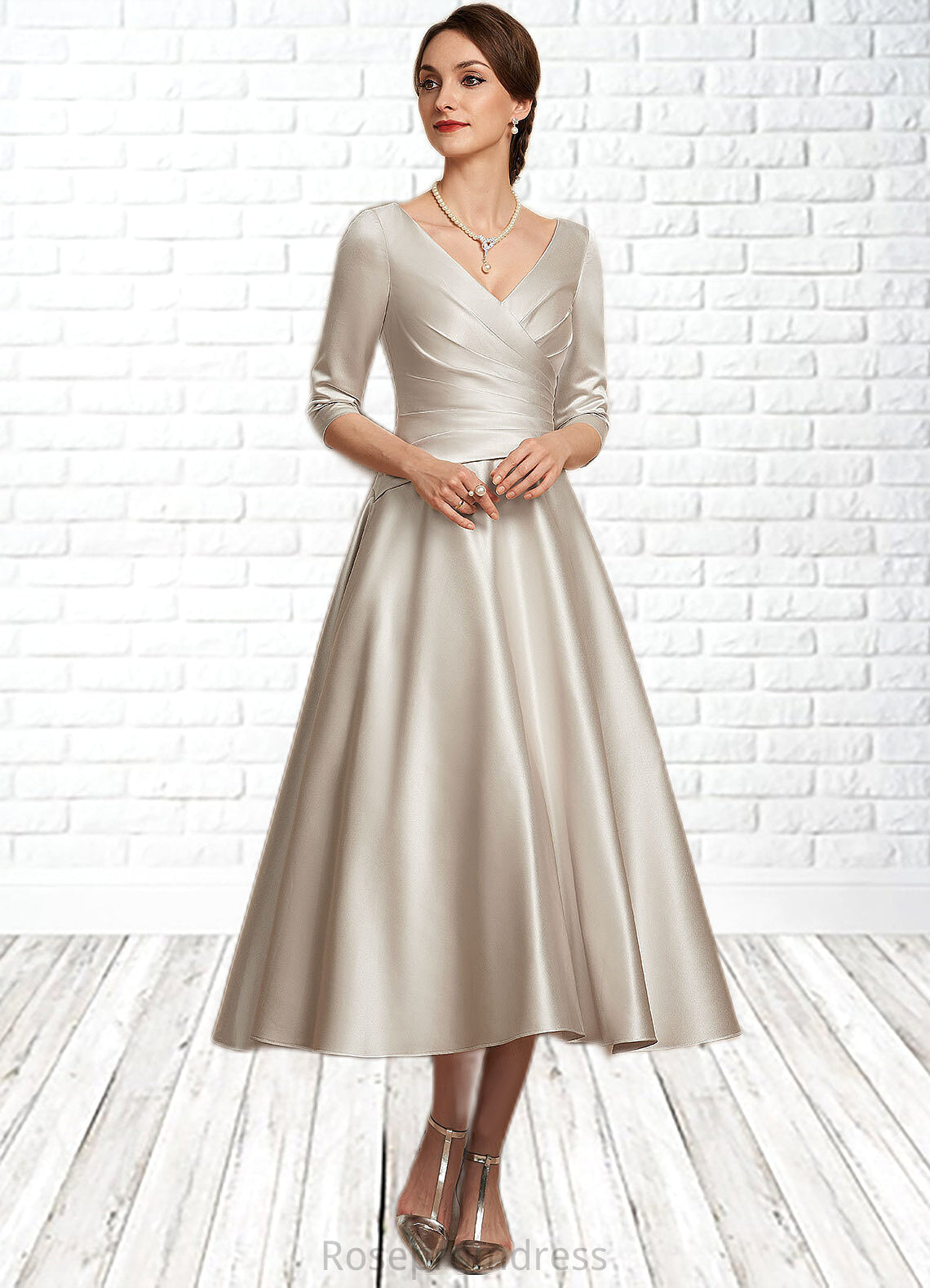 Deja A-Line V-neck Tea-Length Satin Mother of the Bride Dress With Ruffle SRS126P0014598