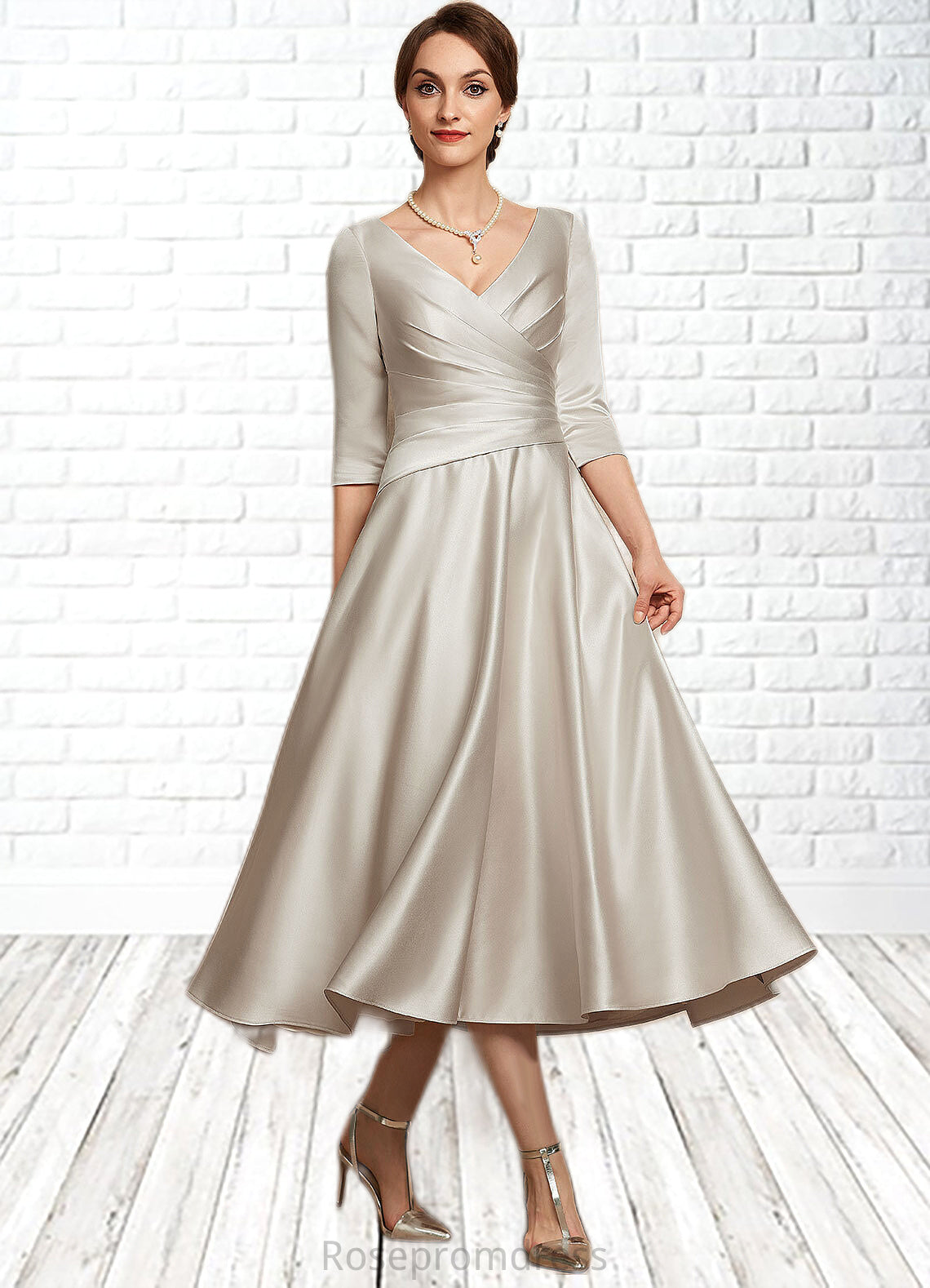 Deja A-Line V-neck Tea-Length Satin Mother of the Bride Dress With Ruffle SRS126P0014598