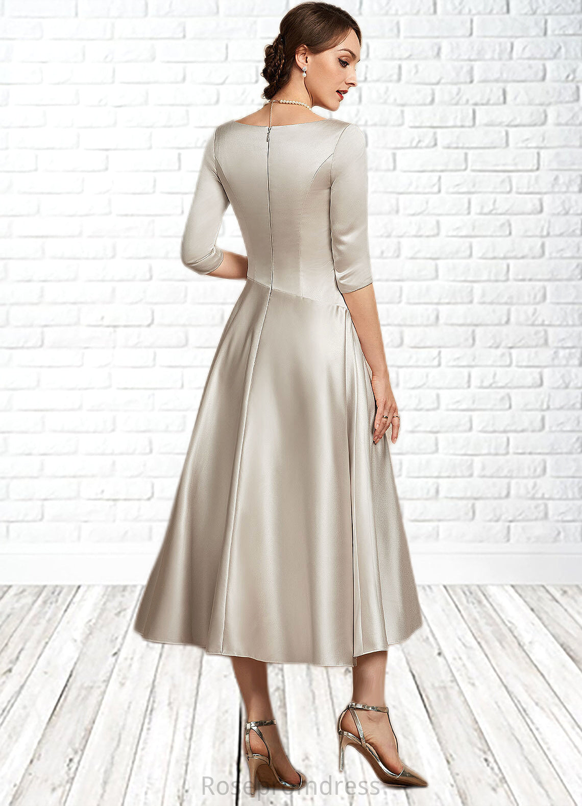 Deja A-Line V-neck Tea-Length Satin Mother of the Bride Dress With Ruffle SRS126P0014598
