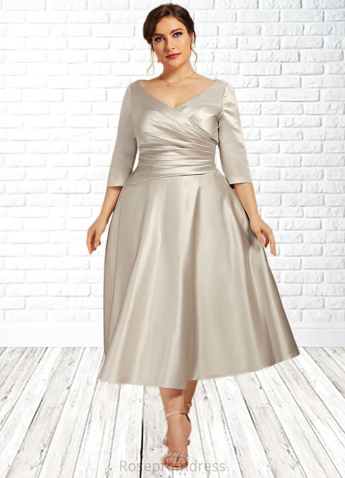 Deja A-Line V-neck Tea-Length Satin Mother of the Bride Dress With Ruffle SRS126P0014598