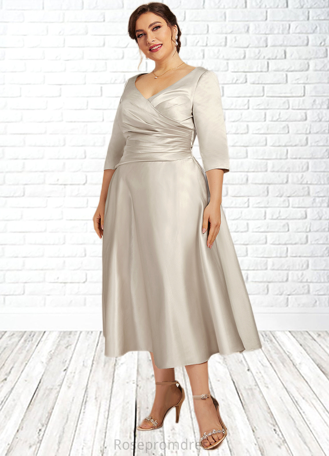 Deja A-Line V-neck Tea-Length Satin Mother of the Bride Dress With Ruffle SRS126P0014598