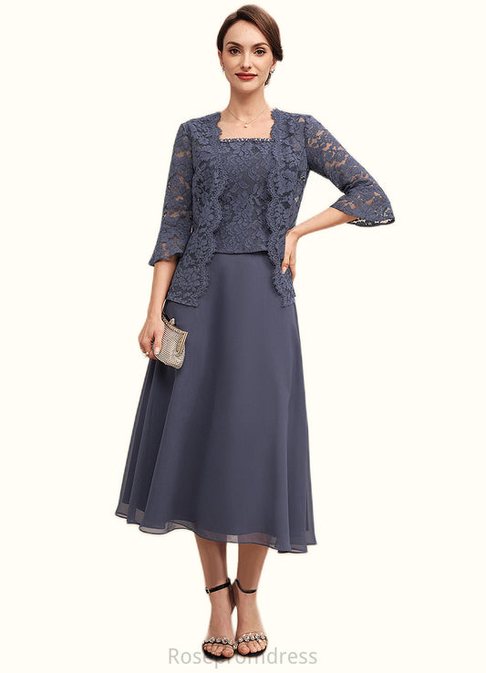 Olivia A-Line Square Neckline Tea-Length Chiffon Lace Mother of the Bride Dress With Beading SRS126P0014601
