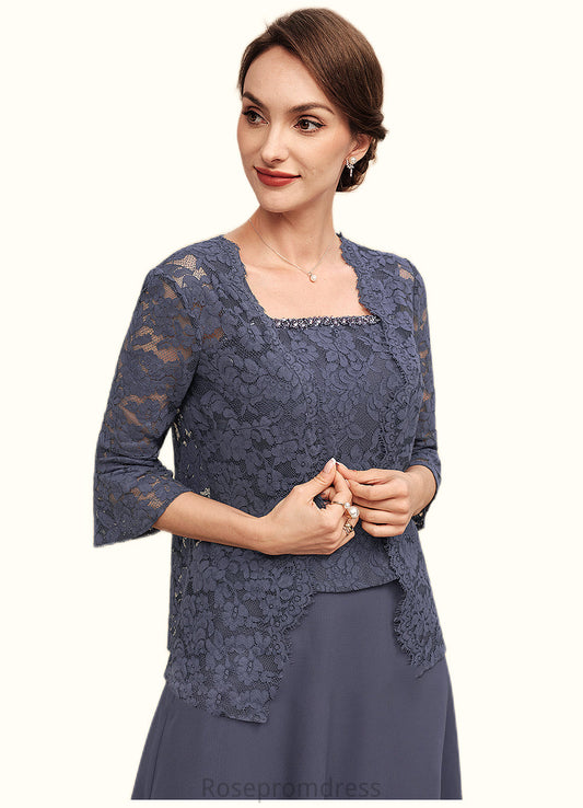 Olivia A-Line Square Neckline Tea-Length Chiffon Lace Mother of the Bride Dress With Beading SRS126P0014601
