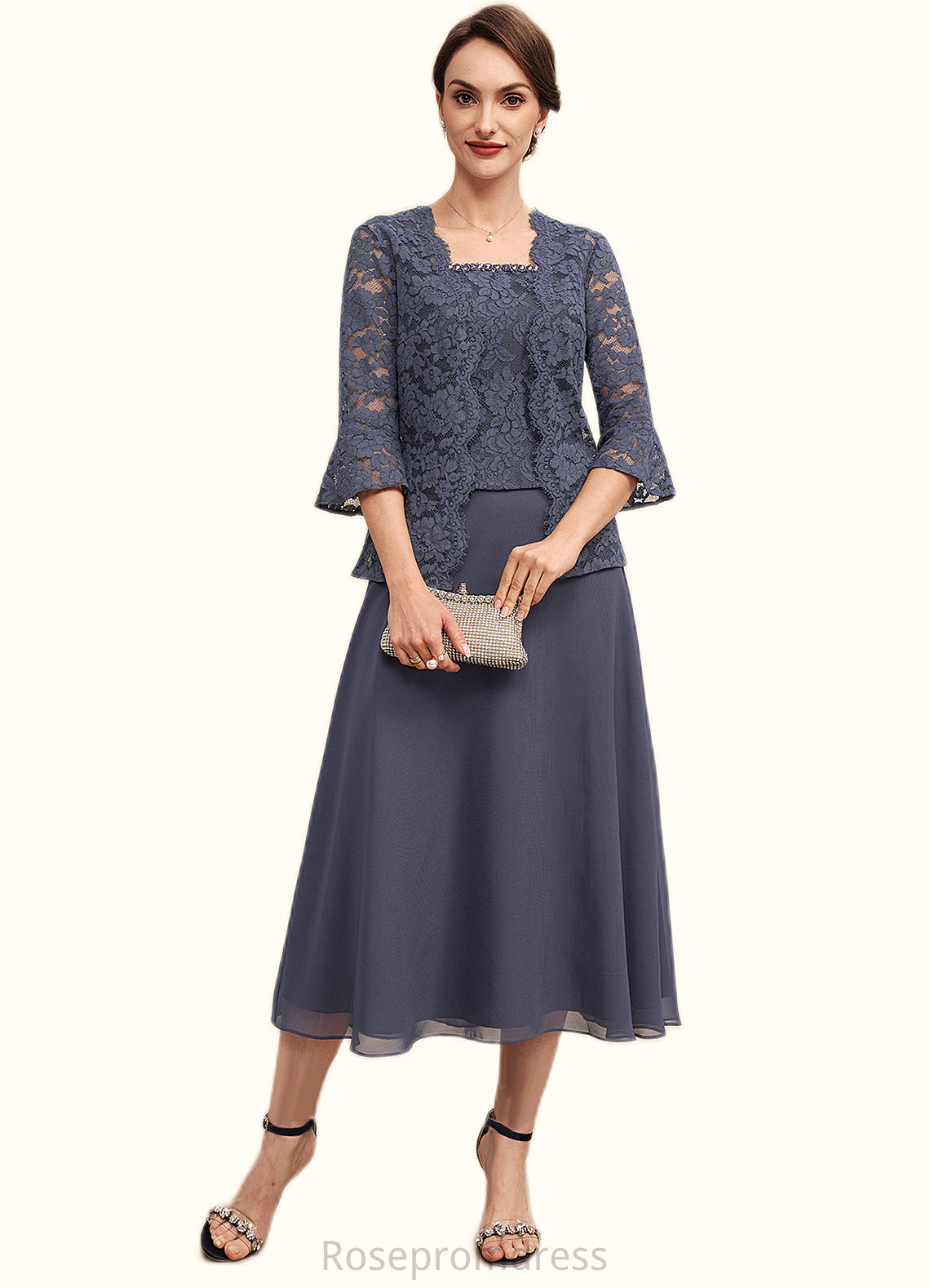 Olivia A-Line Square Neckline Tea-Length Chiffon Lace Mother of the Bride Dress With Beading SRS126P0014601