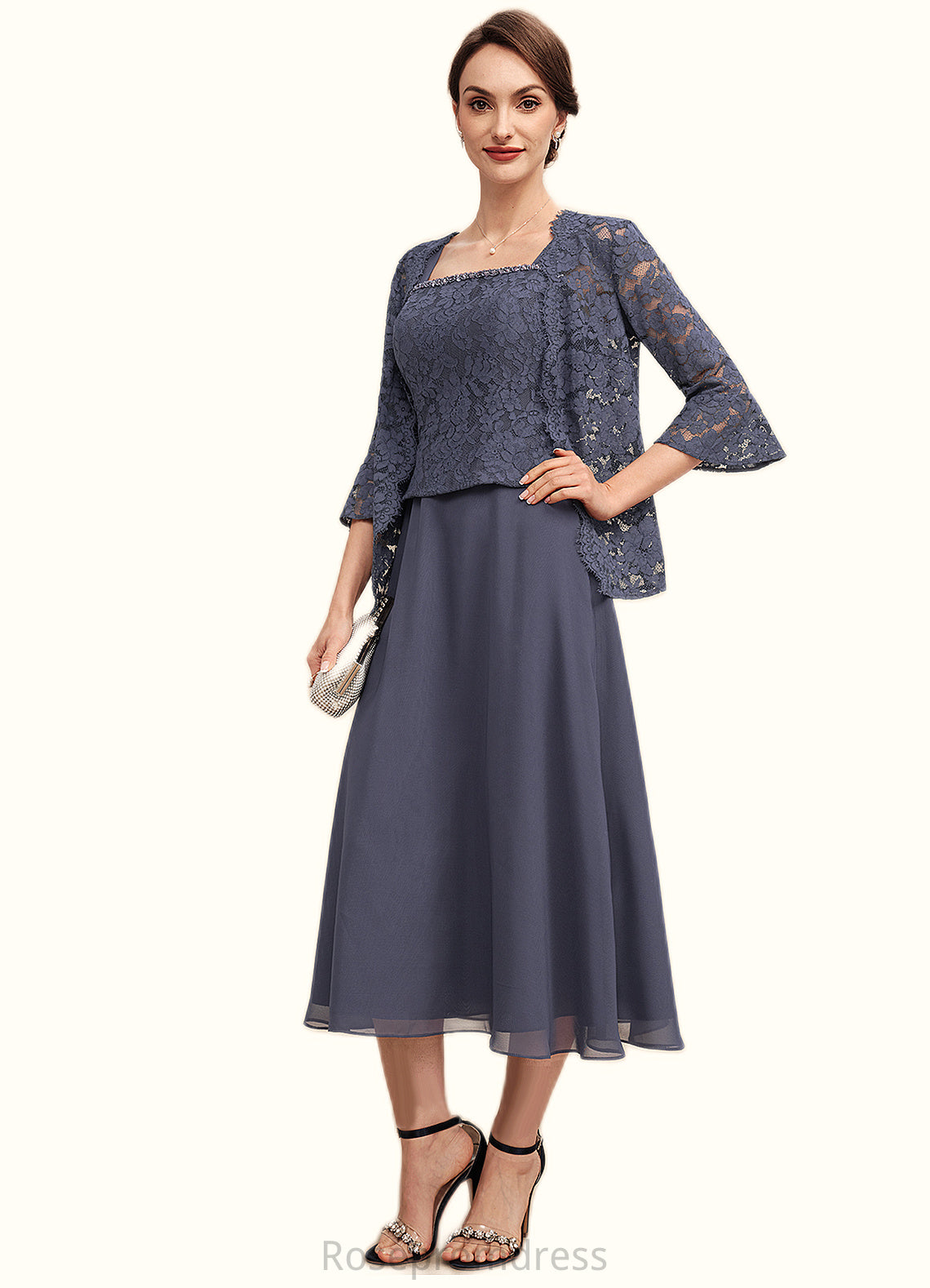 Olivia A-Line Square Neckline Tea-Length Chiffon Lace Mother of the Bride Dress With Beading SRS126P0014601