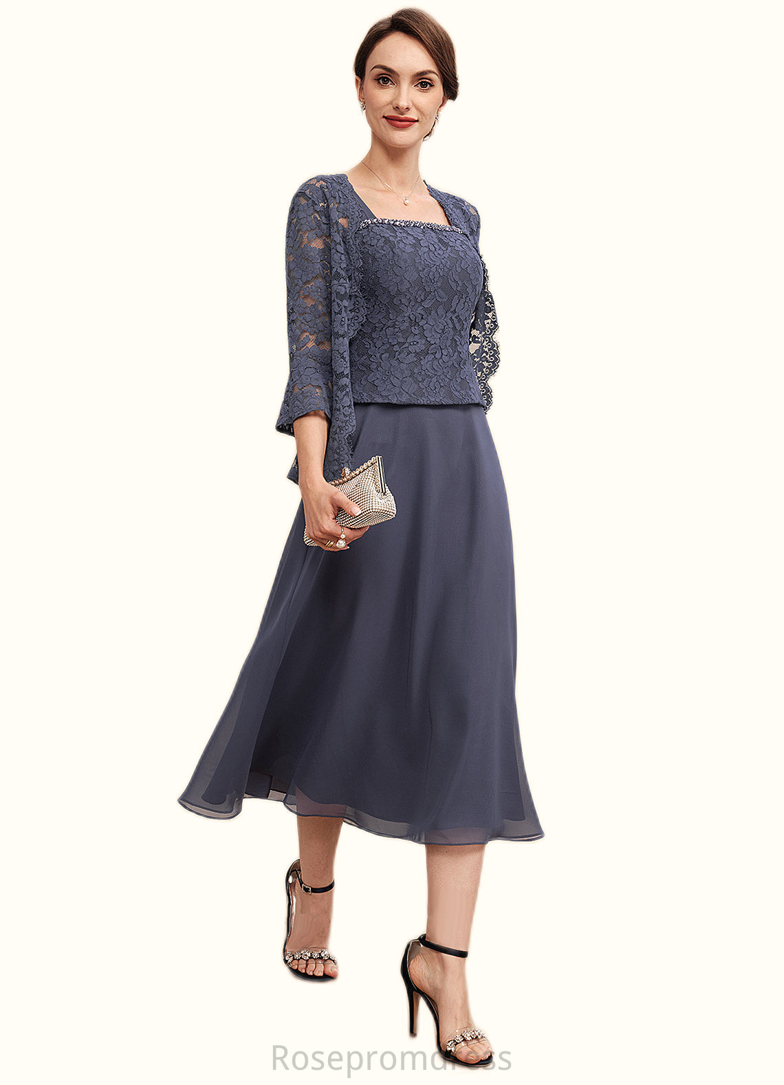 Olivia A-Line Square Neckline Tea-Length Chiffon Lace Mother of the Bride Dress With Beading SRS126P0014601