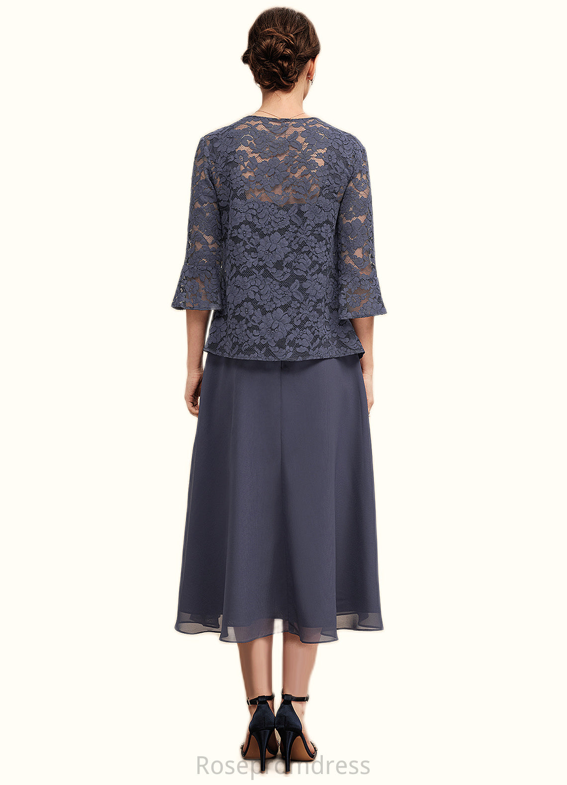 Olivia A-Line Square Neckline Tea-Length Chiffon Lace Mother of the Bride Dress With Beading SRS126P0014601