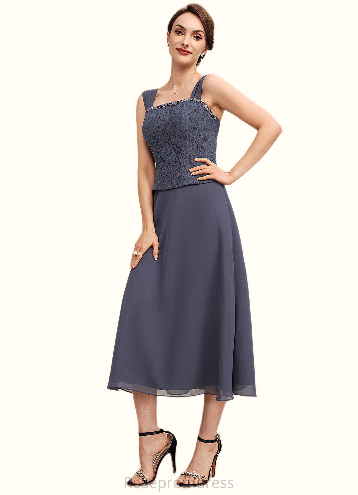 Olivia A-Line Square Neckline Tea-Length Chiffon Lace Mother of the Bride Dress With Beading SRS126P0014601