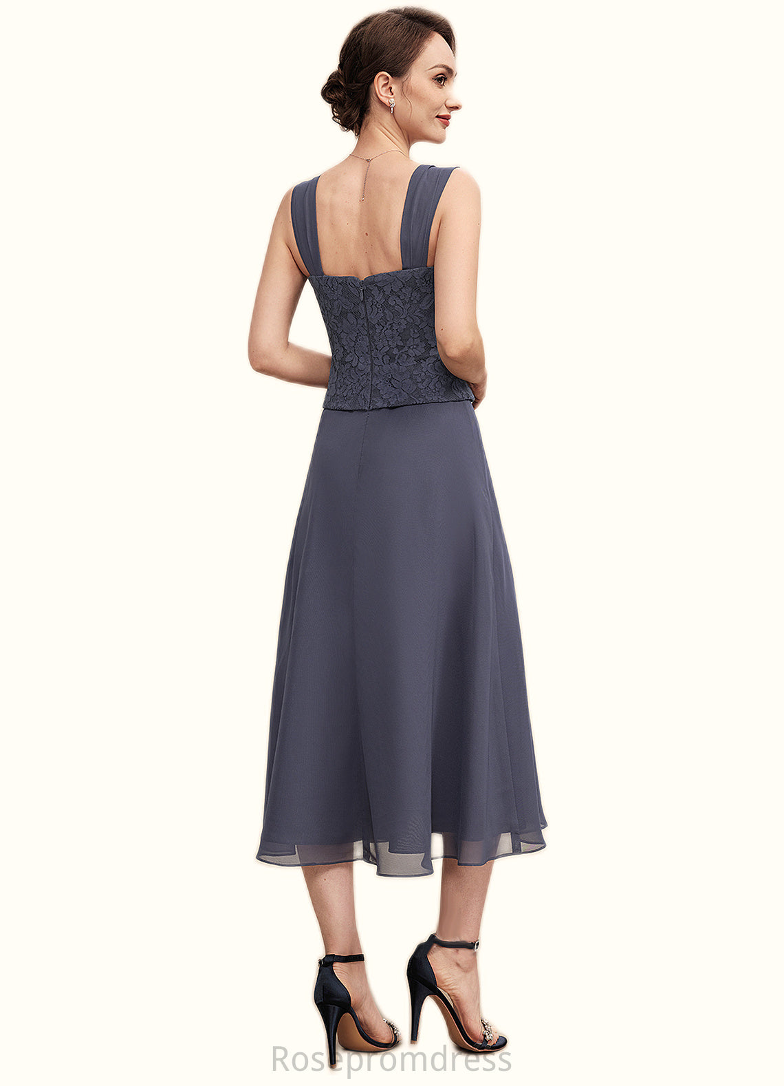 Olivia A-Line Square Neckline Tea-Length Chiffon Lace Mother of the Bride Dress With Beading SRS126P0014601