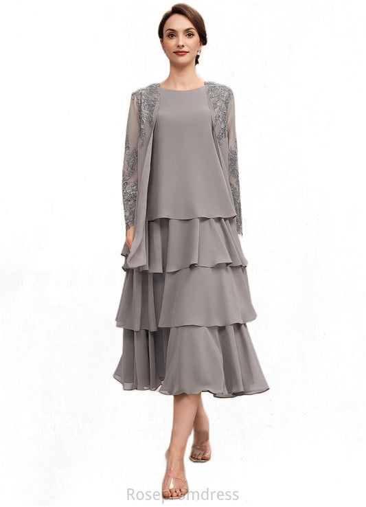 Ruth A-Line Scoop Neck Tea-Length Chiffon Mother of the Bride Dress With Cascading Ruffles SRS126P0014603