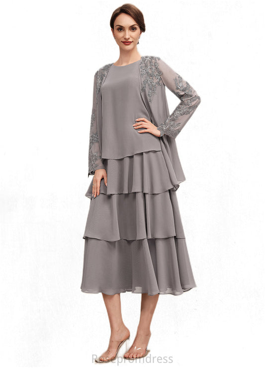 Ruth A-Line Scoop Neck Tea-Length Chiffon Mother of the Bride Dress With Cascading Ruffles SRS126P0014603