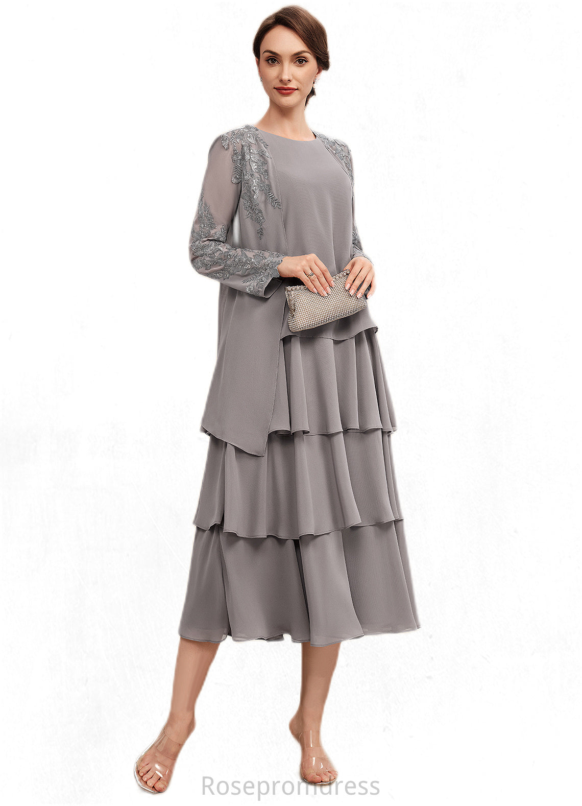 Ruth A-Line Scoop Neck Tea-Length Chiffon Mother of the Bride Dress With Cascading Ruffles SRS126P0014603