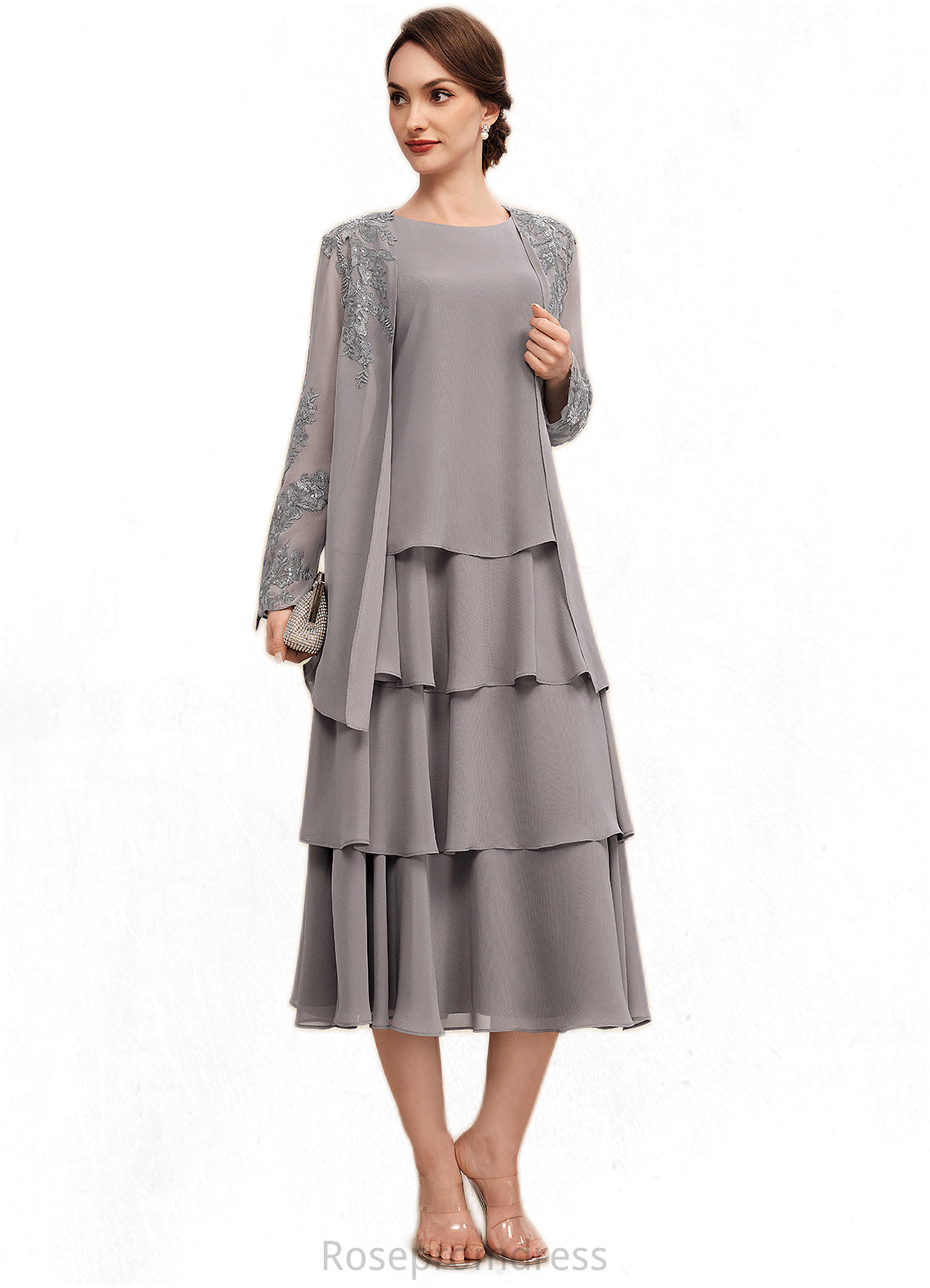 Ruth A-Line Scoop Neck Tea-Length Chiffon Mother of the Bride Dress With Cascading Ruffles SRS126P0014603