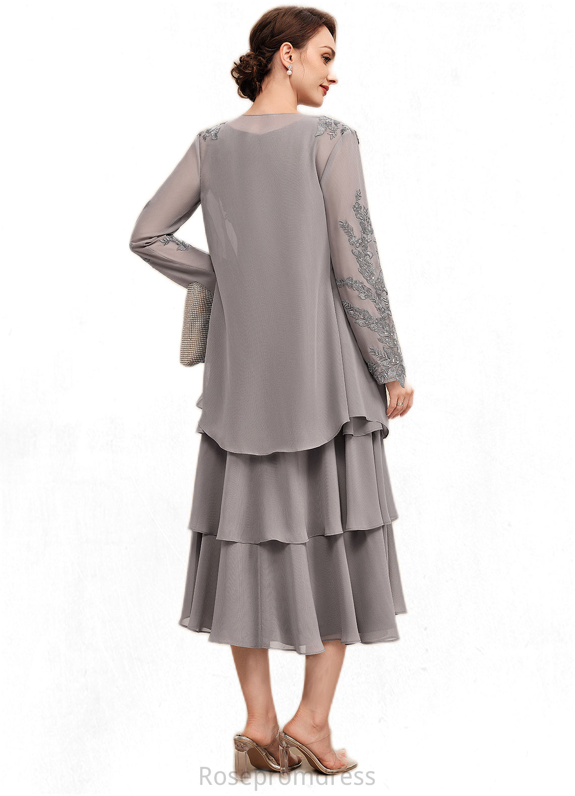 Ruth A-Line Scoop Neck Tea-Length Chiffon Mother of the Bride Dress With Cascading Ruffles SRS126P0014603