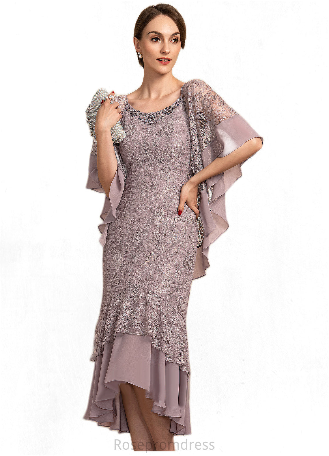 Mikaela Trumpet/Mermaid Scoop Neck Asymmetrical Chiffon Lace Mother of the Bride Dress With Beading Sequins SRS126P0014606