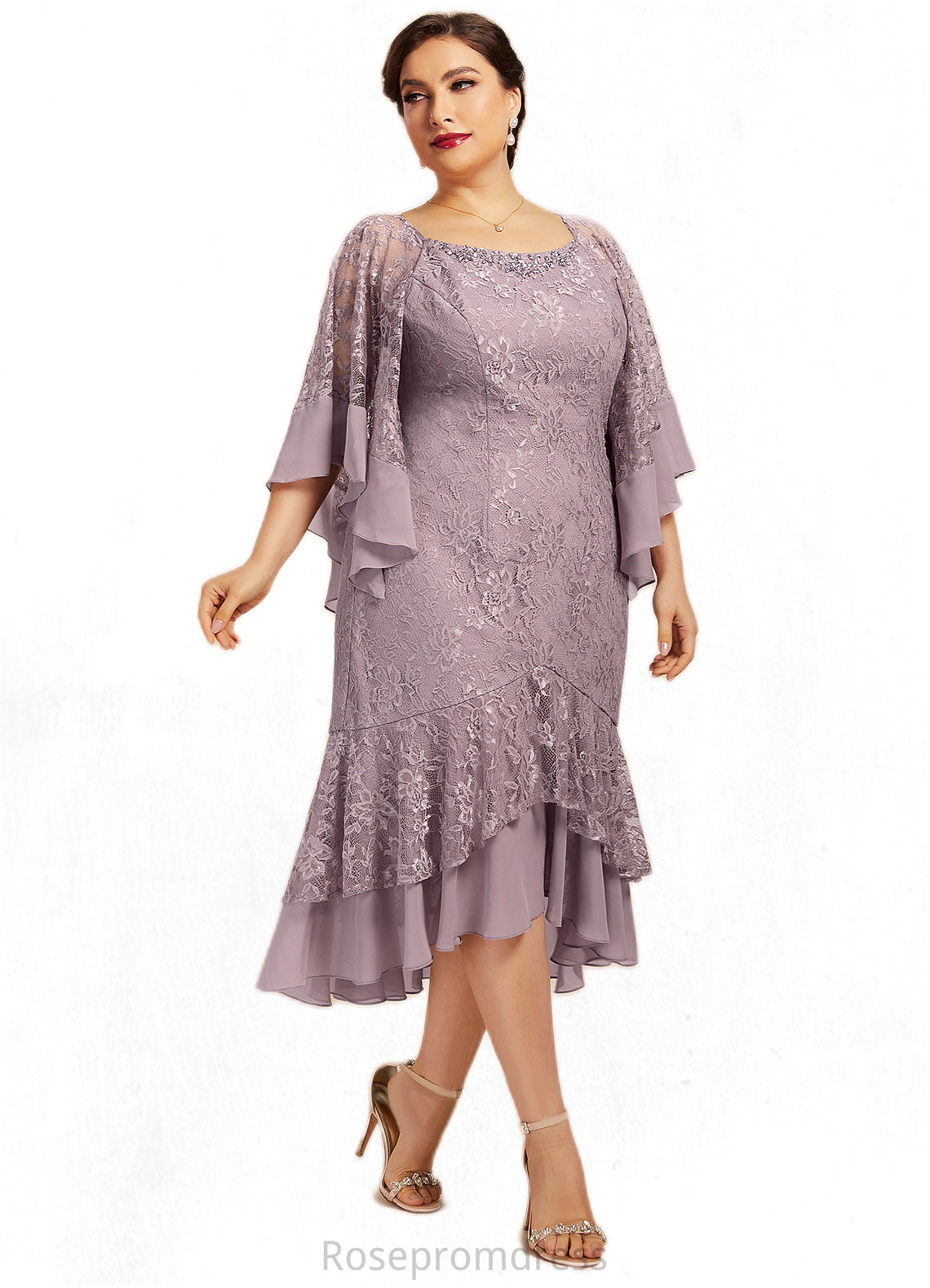 Mikaela Trumpet/Mermaid Scoop Neck Asymmetrical Chiffon Lace Mother of the Bride Dress With Beading Sequins SRS126P0014606