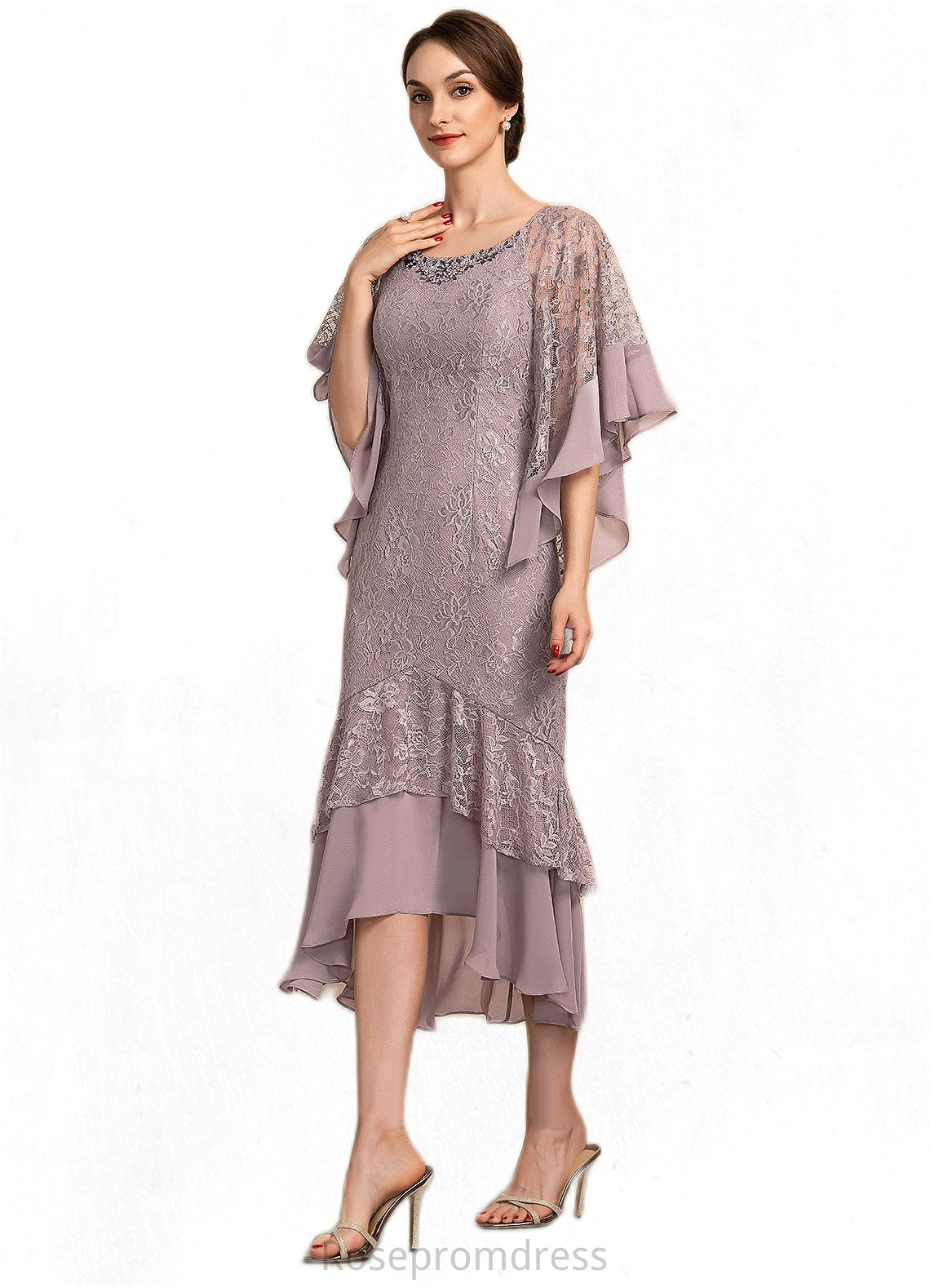 Mikaela Trumpet/Mermaid Scoop Neck Asymmetrical Chiffon Lace Mother of the Bride Dress With Beading Sequins SRS126P0014606