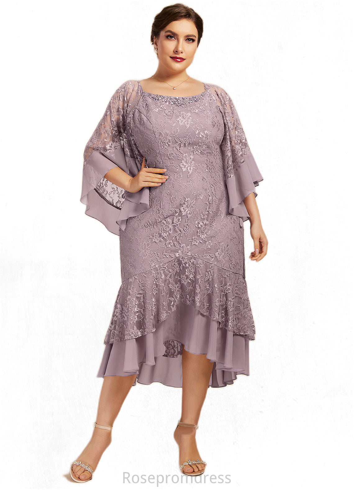Mikaela Trumpet/Mermaid Scoop Neck Asymmetrical Chiffon Lace Mother of the Bride Dress With Beading Sequins SRS126P0014606