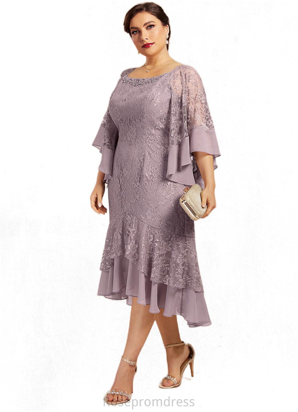 Mikaela Trumpet/Mermaid Scoop Neck Asymmetrical Chiffon Lace Mother of the Bride Dress With Beading Sequins SRS126P0014606