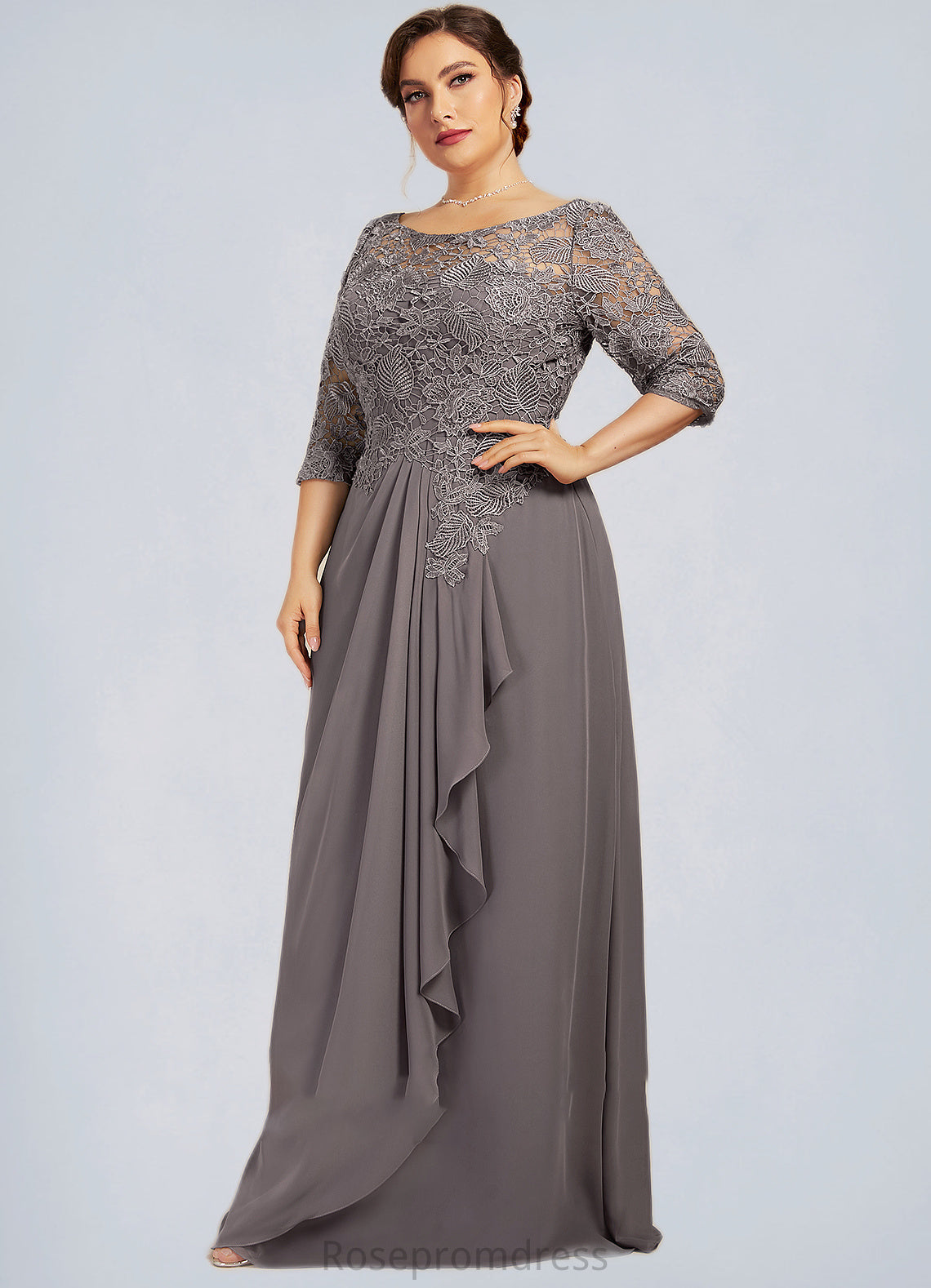 Naomi A-Line Scoop Neck Floor-Length Chiffon Lace Mother of the Bride Dress With Cascading Ruffles SRS126P0014608
