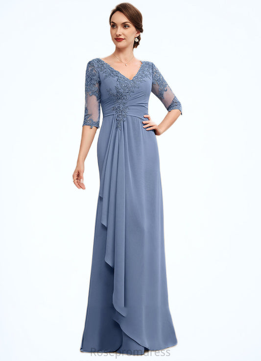 Minnie A-Line V-neck Floor-Length Chiffon Lace Mother of the Bride Dress With Cascading Ruffles SRS126P0014609