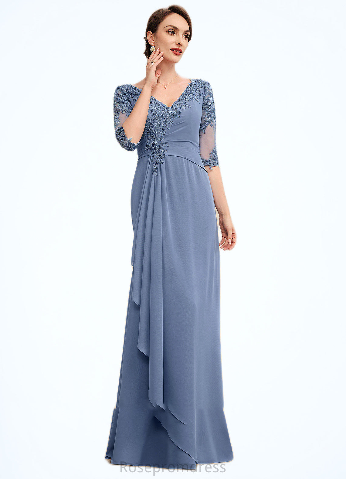 Minnie A-Line V-neck Floor-Length Chiffon Lace Mother of the Bride Dress With Cascading Ruffles SRS126P0014609