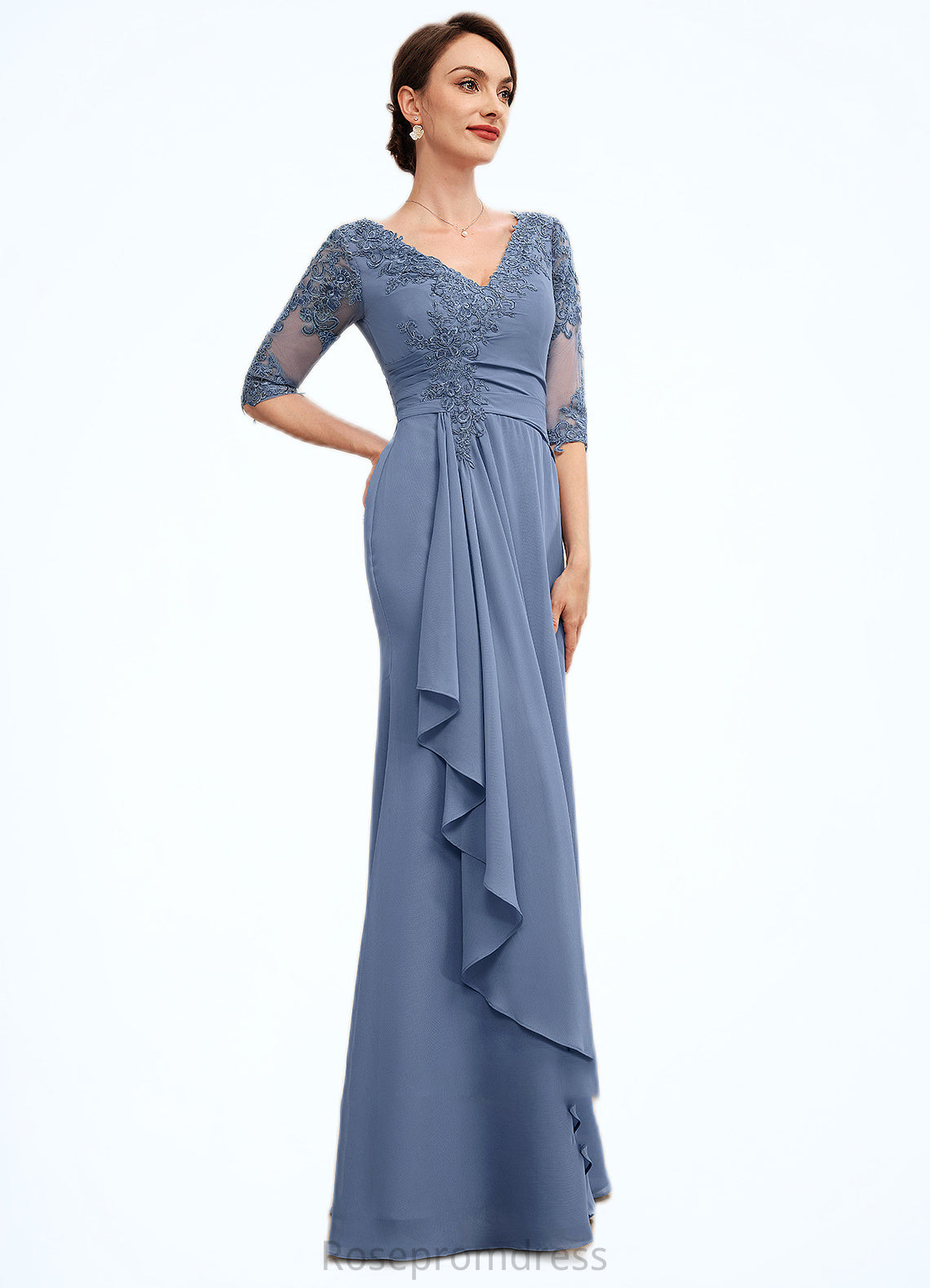 Minnie A-Line V-neck Floor-Length Chiffon Lace Mother of the Bride Dress With Cascading Ruffles SRS126P0014609