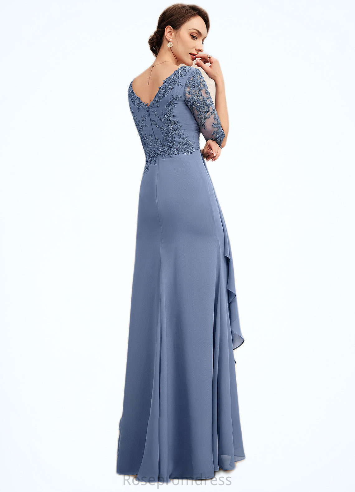 Minnie A-Line V-neck Floor-Length Chiffon Lace Mother of the Bride Dress With Cascading Ruffles SRS126P0014609