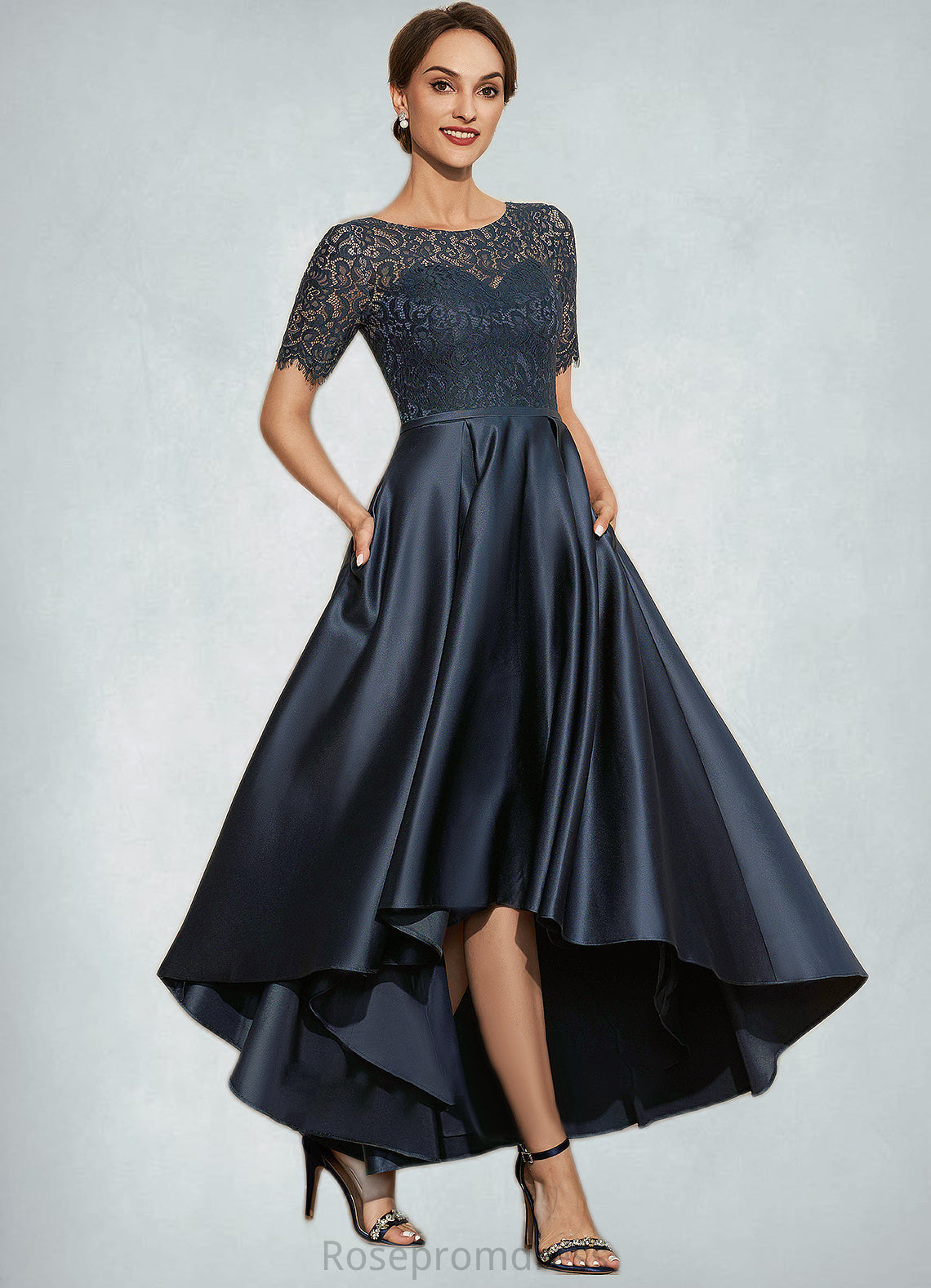 Andrea A-Line Scoop Neck Asymmetrical Satin Lace Mother of the Bride Dress With Pockets SRS126P0014613