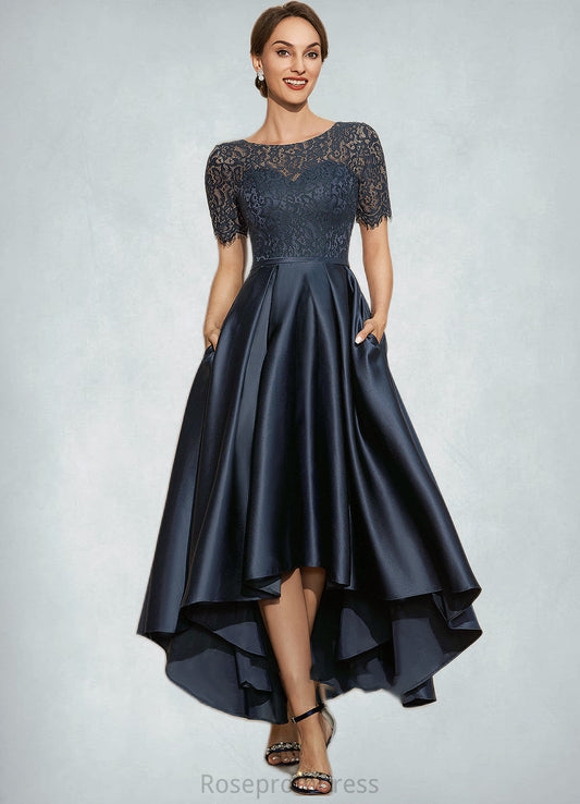 Andrea A-Line Scoop Neck Asymmetrical Satin Lace Mother of the Bride Dress With Pockets SRS126P0014613
