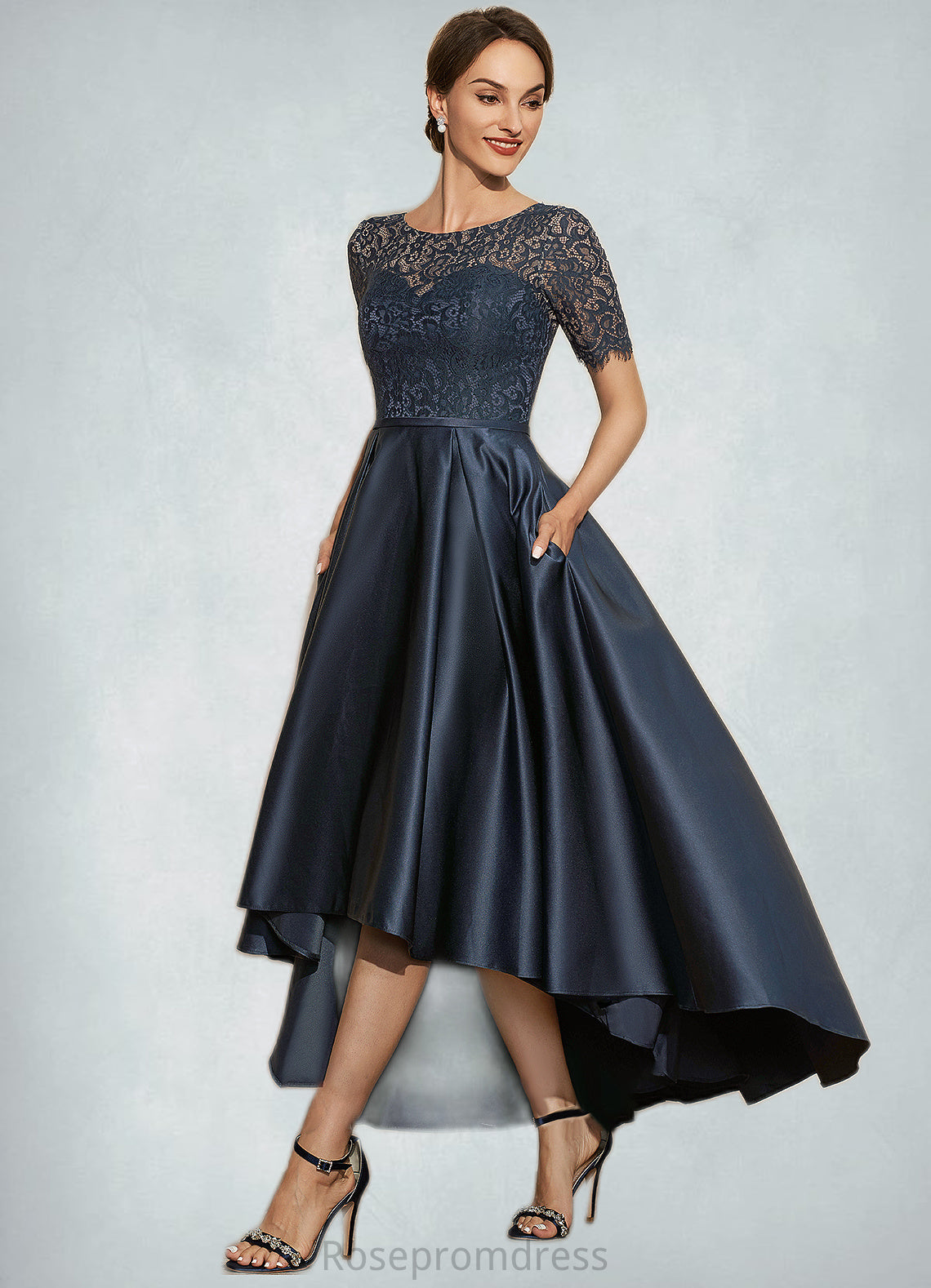 Andrea A-Line Scoop Neck Asymmetrical Satin Lace Mother of the Bride Dress With Pockets SRS126P0014613