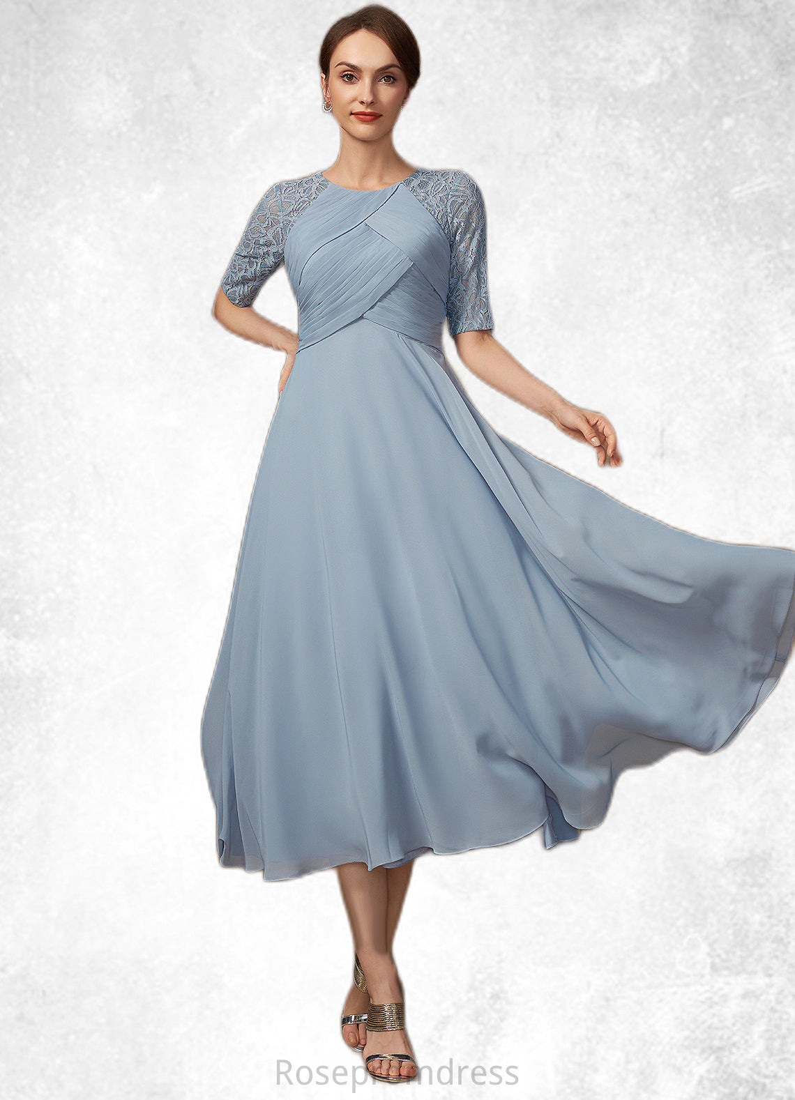 Sariah A-Line Scoop Neck Tea-Length Chiffon Lace Mother of the Bride Dress With Ruffle SRS126P0014616