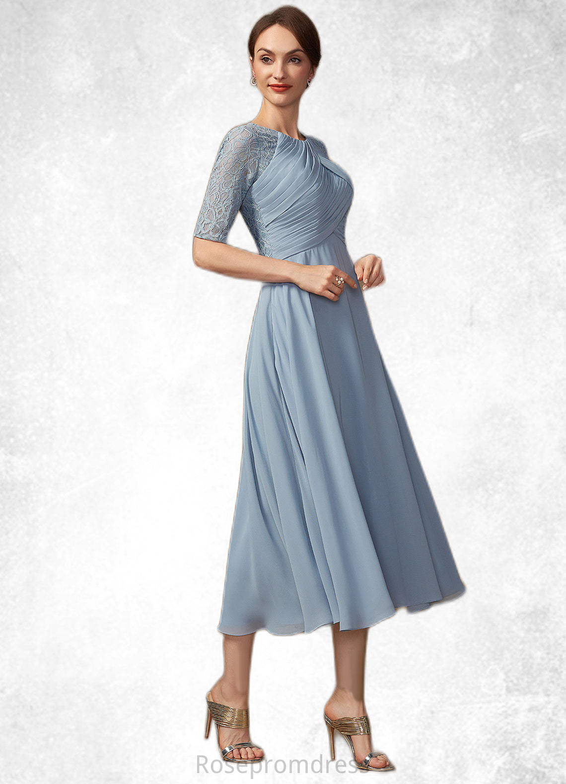 Sariah A-Line Scoop Neck Tea-Length Chiffon Lace Mother of the Bride Dress With Ruffle SRS126P0014616