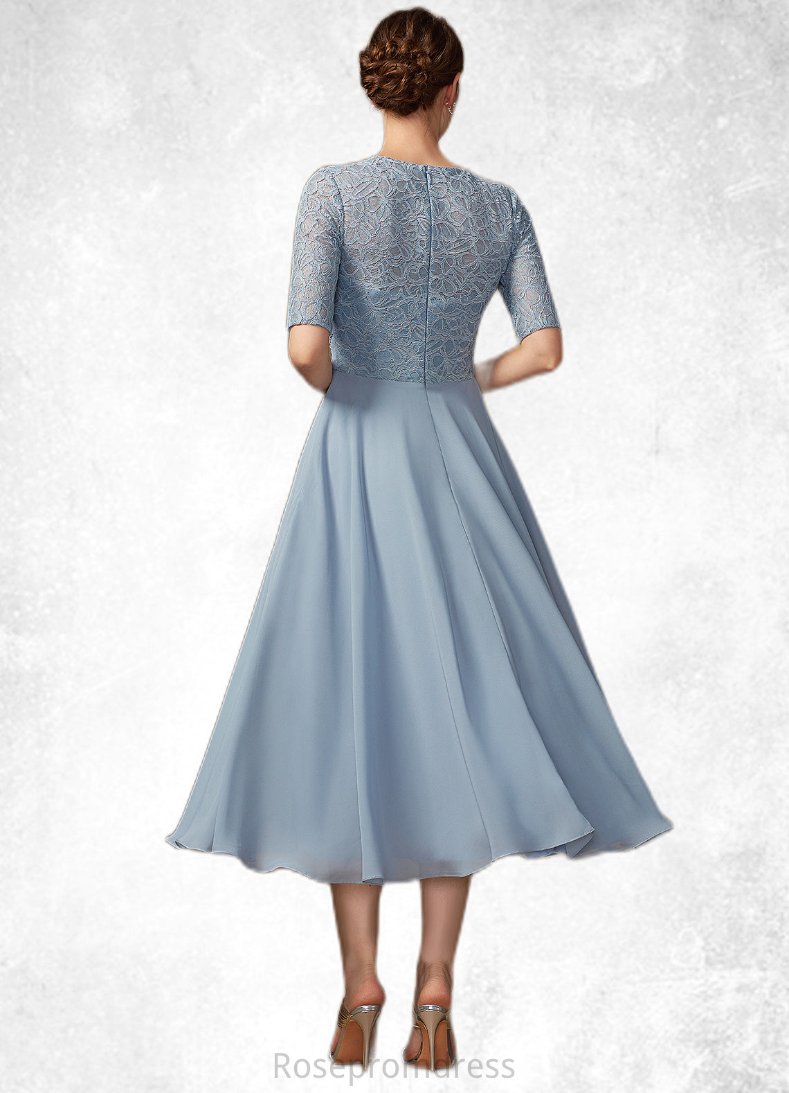 Sariah A-Line Scoop Neck Tea-Length Chiffon Lace Mother of the Bride Dress With Ruffle SRS126P0014616