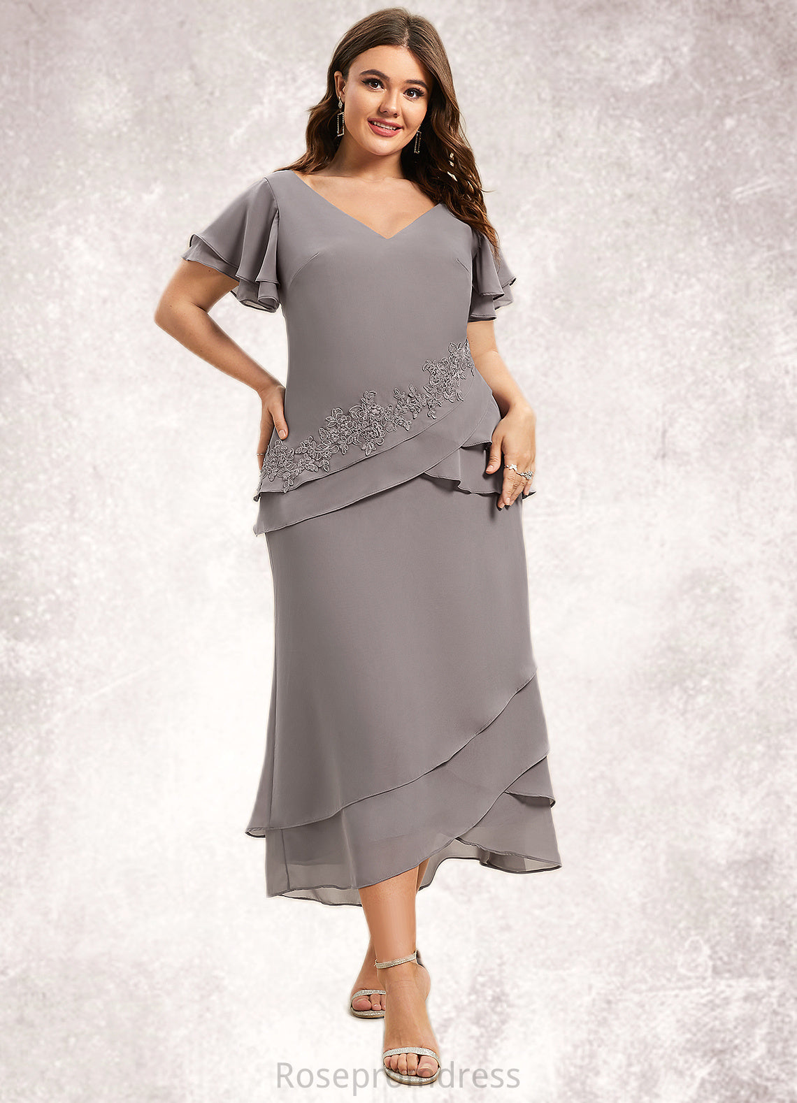 Lillianna Sheath/Column V-neck Asymmetrical Chiffon Mother of the Bride Dress With Appliques Lace Cascading Ruffles SRS126P0014617