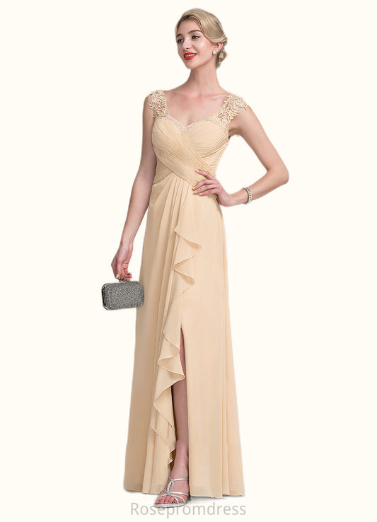 Amina A-Line V-neck Floor-Length Chiffon Lace Mother of the Bride Dress With Split Front Cascading Ruffles SRS126P0014619