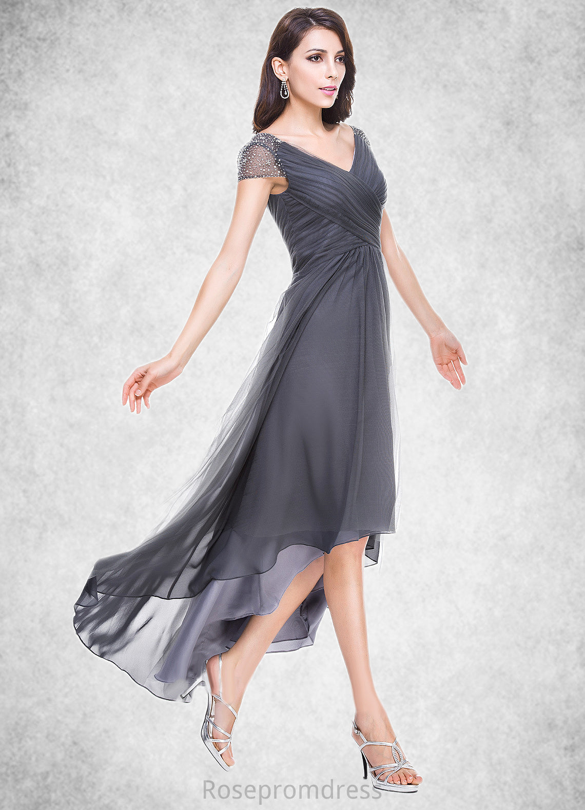 Rachael A-Line V-neck Asymmetrical Tulle Mother of the Bride Dress With Ruffle Beading Sequins SRS126P0014620