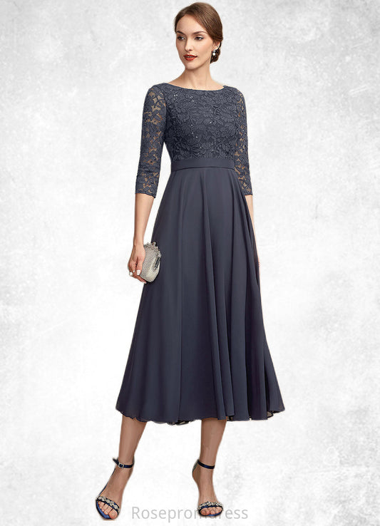 Audrey A-Line Scoop Neck Tea-Length Chiffon Lace Mother of the Bride Dress With Sequins SRS126P0014621