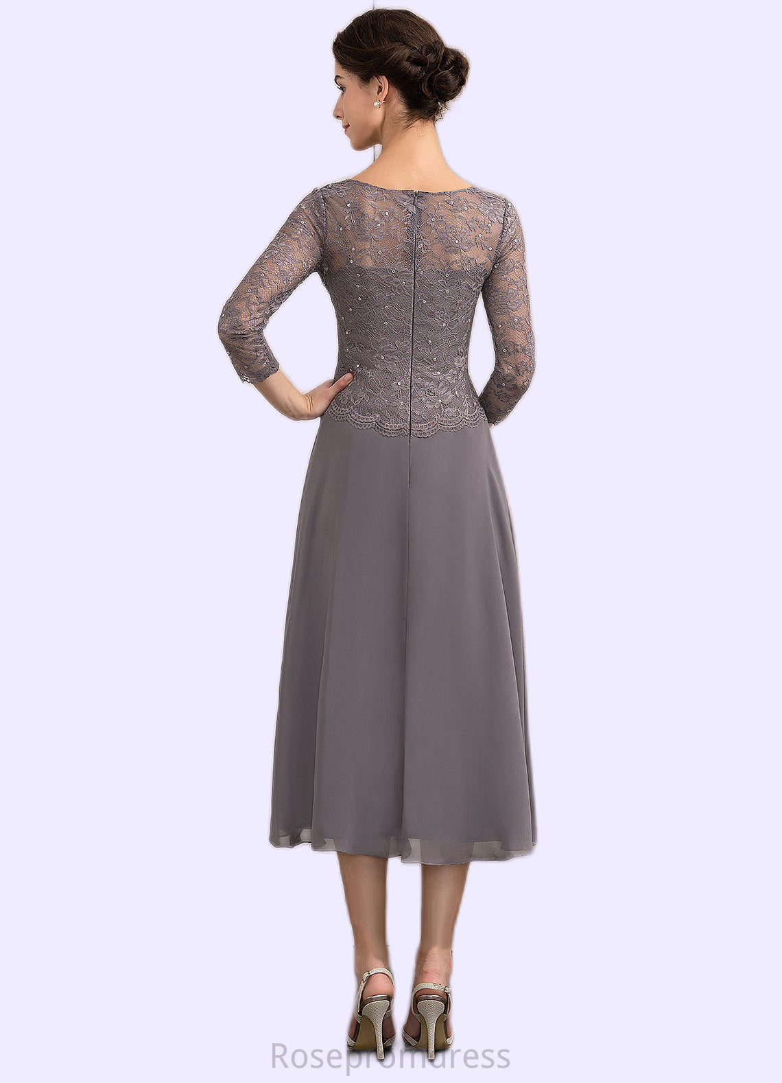 Summer A-Line Scoop Neck Tea-Length Chiffon Lace Mother of the Bride Dress With Sequins SRS126P0014622