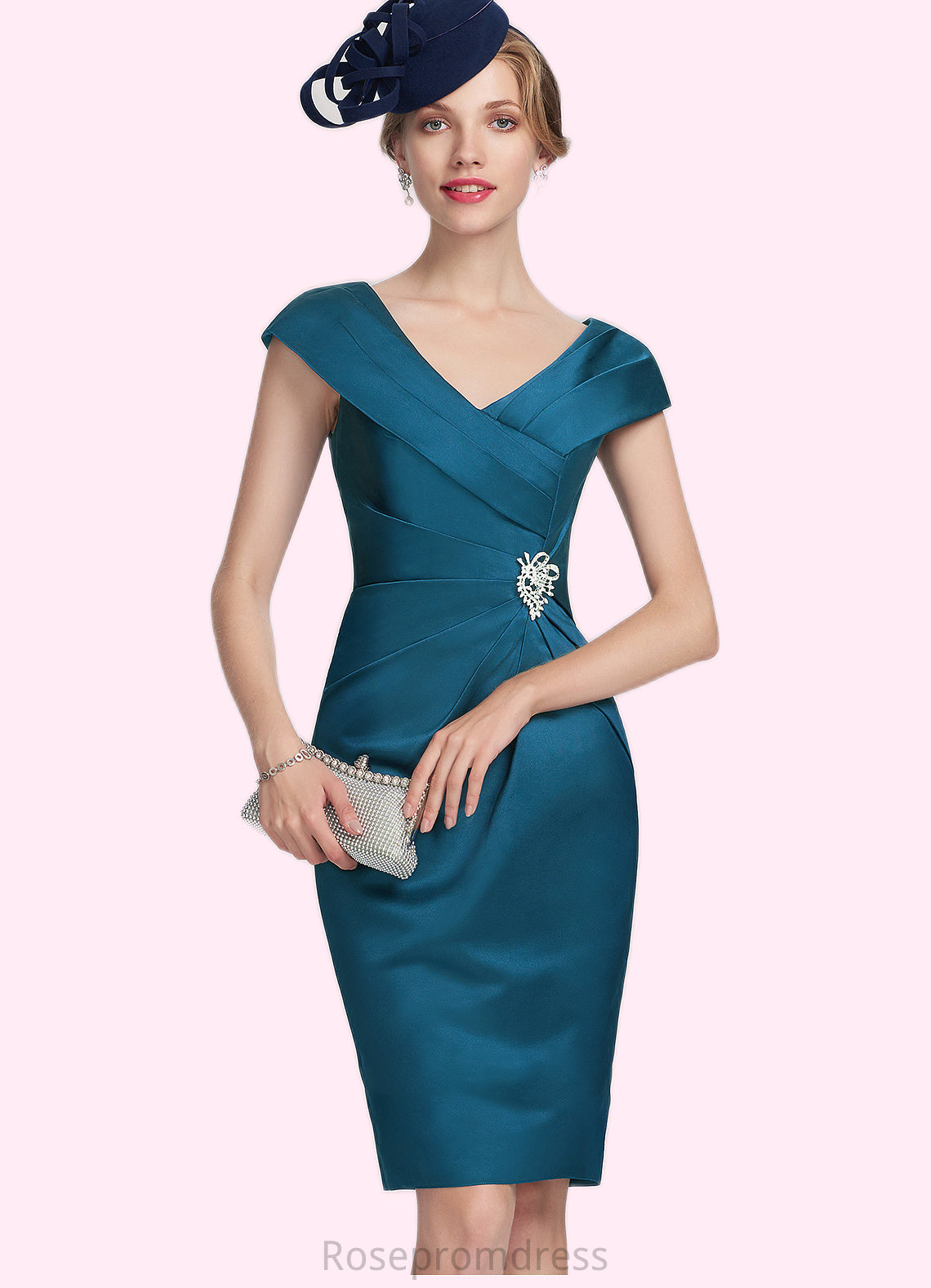 Aleena Sheath/Column V-neck Knee-Length Satin Mother of the Bride Dress With Ruffle Beading SRS126P0014631