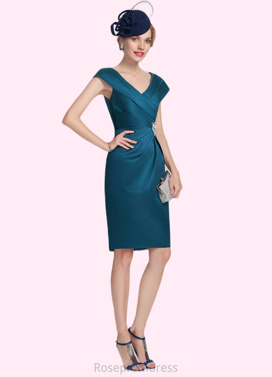 Aleena Sheath/Column V-neck Knee-Length Satin Mother of the Bride Dress With Ruffle Beading SRS126P0014631