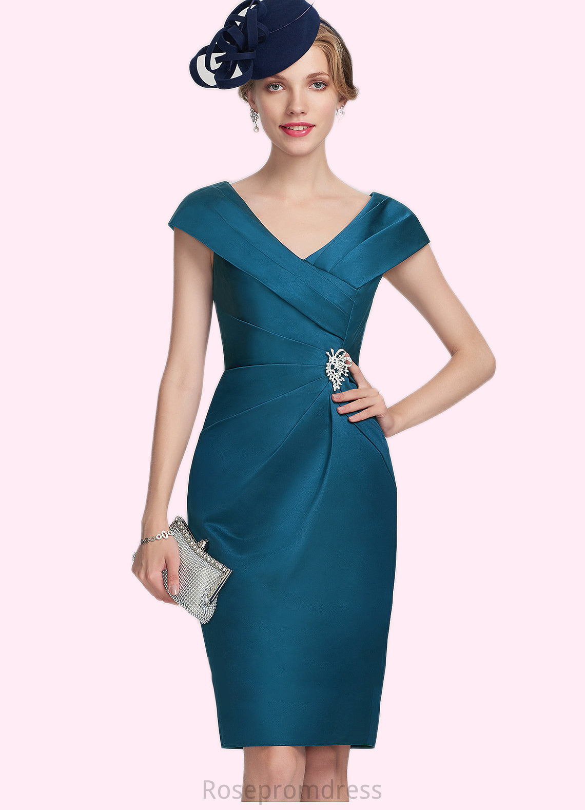 Aleena Sheath/Column V-neck Knee-Length Satin Mother of the Bride Dress With Ruffle Beading SRS126P0014631