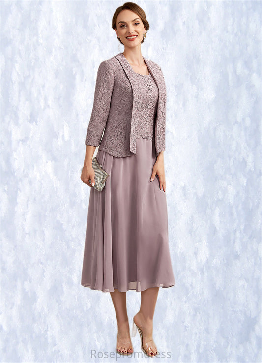 Rosalie A-Line Scoop Neck Tea-Length Chiffon Lace Mother of the Bride Dress SRS126P0014633