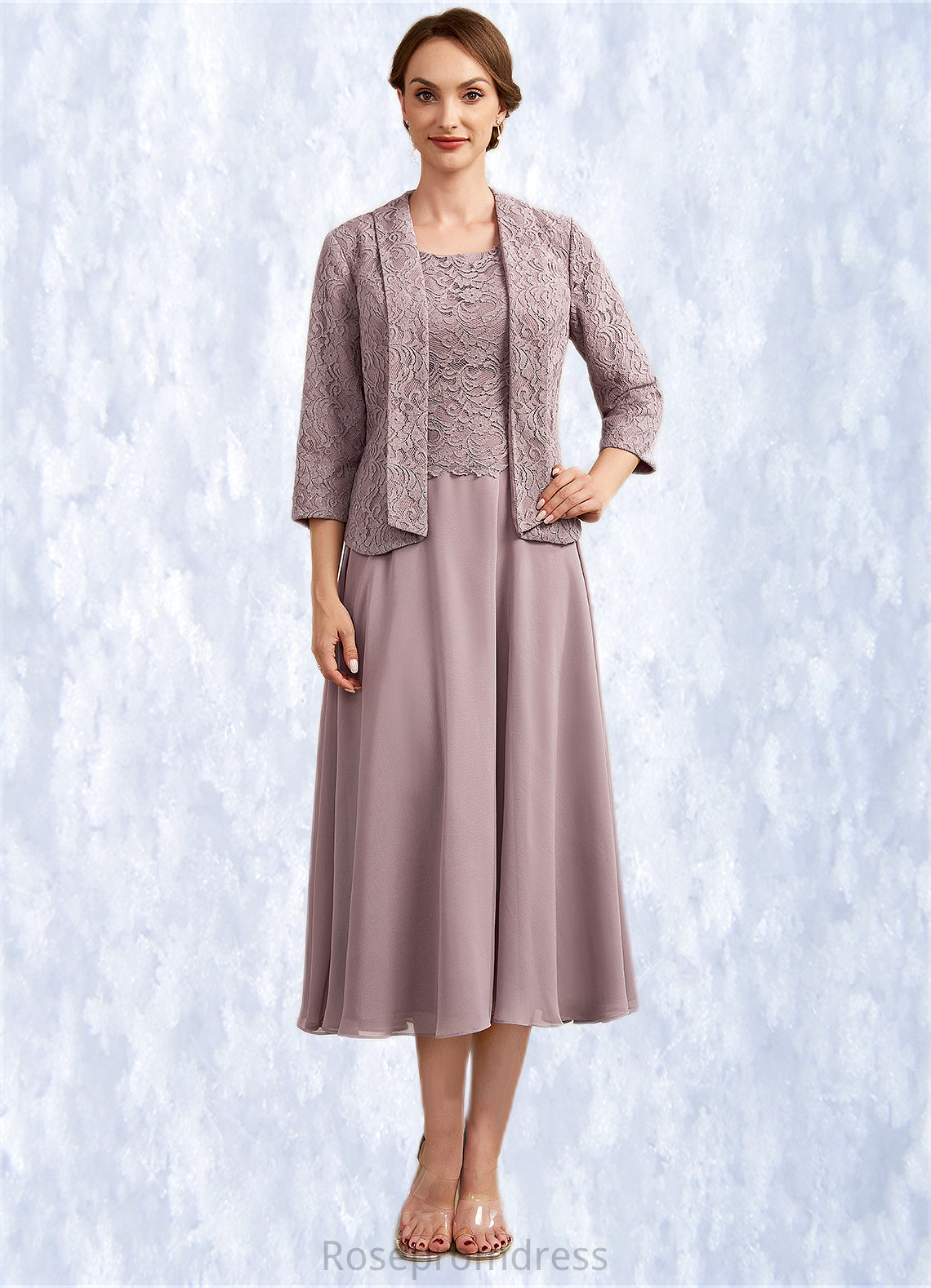Rosalie A-Line Scoop Neck Tea-Length Chiffon Lace Mother of the Bride Dress SRS126P0014633