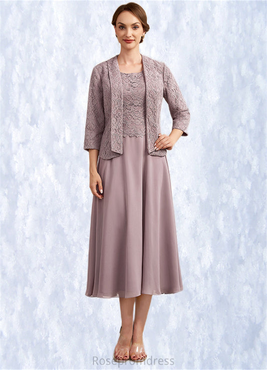 Rosalie A-Line Scoop Neck Tea-Length Chiffon Lace Mother of the Bride Dress SRS126P0014633
